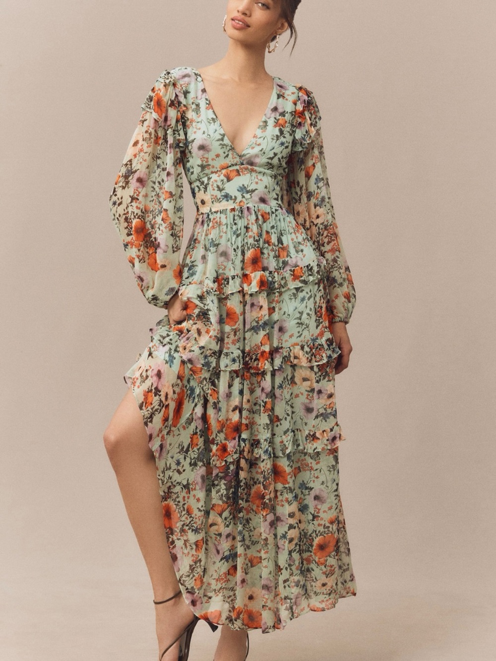 BHLDN Floral Chiffon Plunge Long-Sleeve Ruffle Maxi Dress
